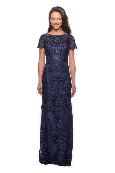 La Femme - Illusion Bateau Jewel-Adorned Lace Sheath Dress 26405SC CCSALE 4 / Navy