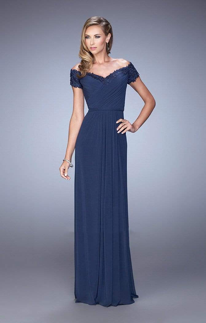 La Femme - Jeweled Lace Off Shoulder Gown 21613 - 1 pc Navy In Size 10 Available CCSALE 10 / Navy