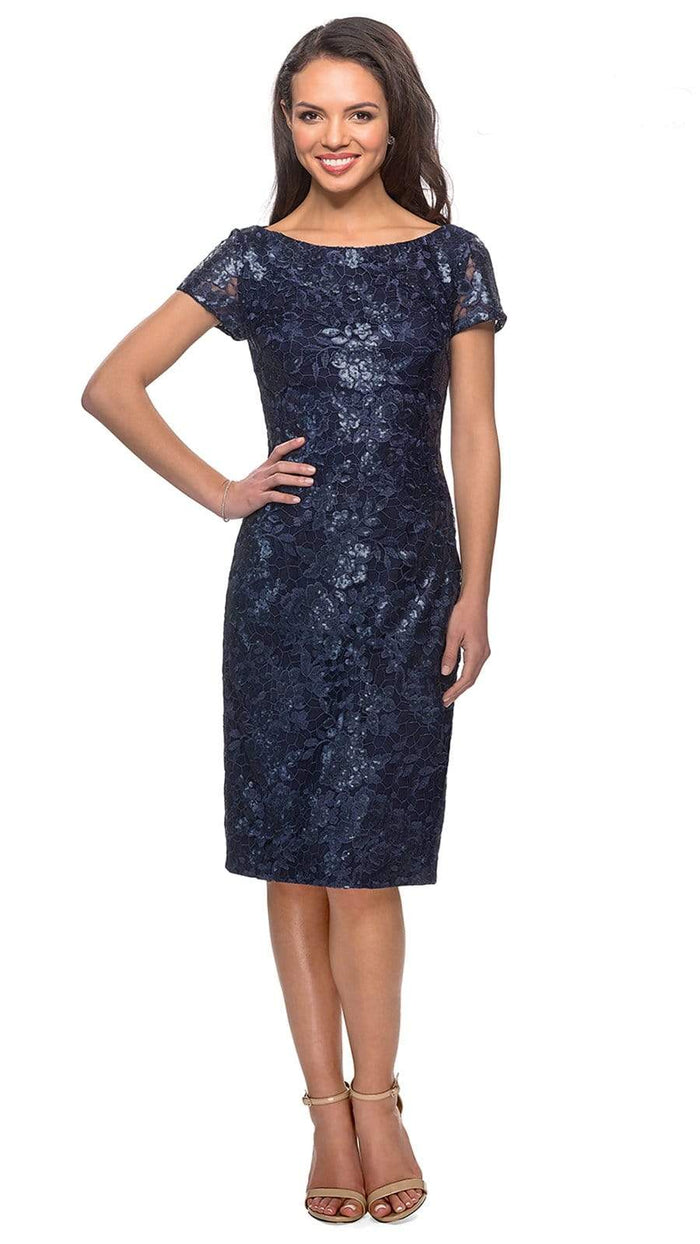 La Femme - Lace Bateau Knee Length Sheath Dress 27828SC - 1 pc Navy In Size 10 Available CCSALE 10 / Navy