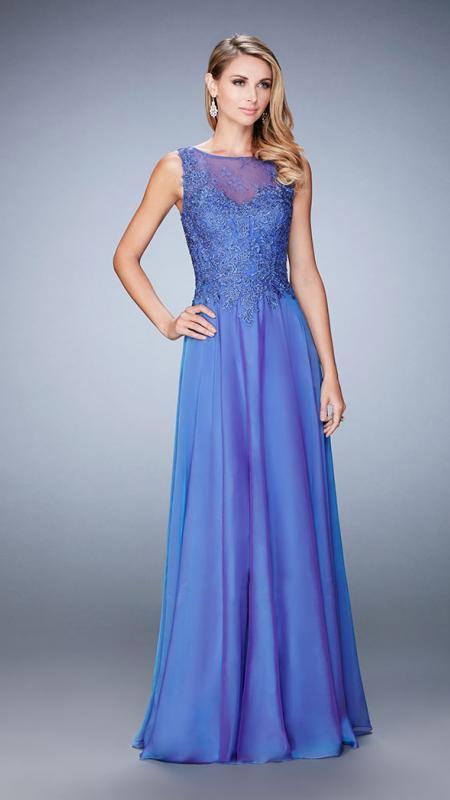 La Femme - Lace Chiffon A-Line Evening Gown 22783 CCSALE 12 / Blue Violet