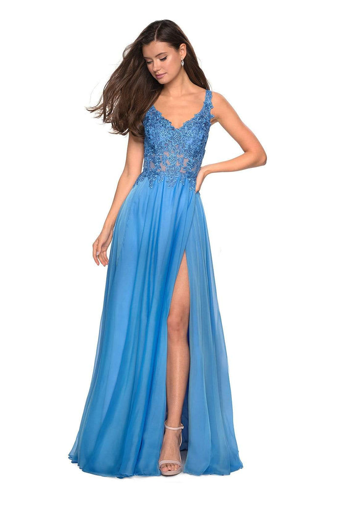 La Femme - Lace Embroidered A-Line Gown with Slit 27751 - 1 pc Cloud Blue In Size 00 Available CCSALE 00 / Cloud Blue