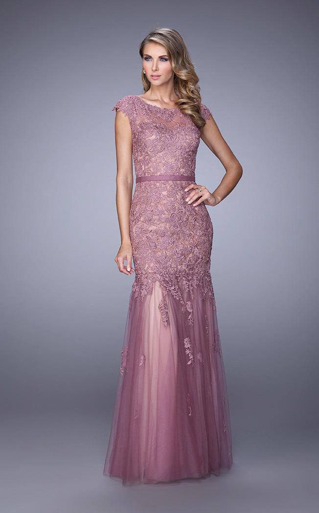 La Femme - Lace Sheer Tulle Trumpet Gown 21677SC CCSALE 14 / Mauve