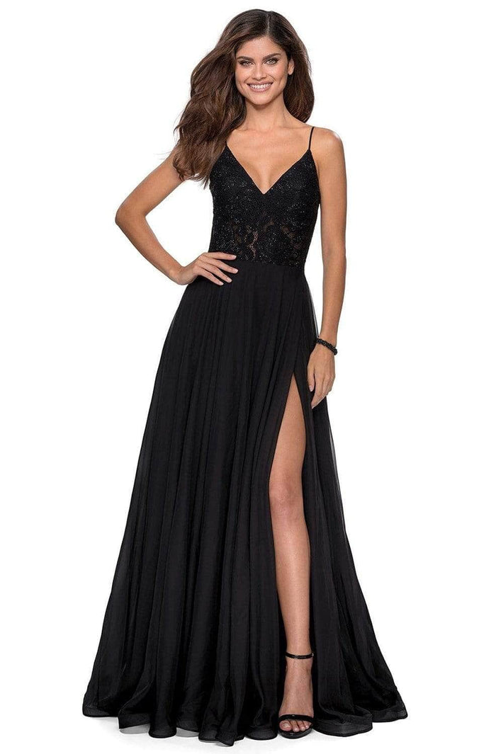 La Femme - Lace V-Neck A-Line Prom Dress 28664SC - 1 pc Black In Size 0 Available CCSALE 0 / Black