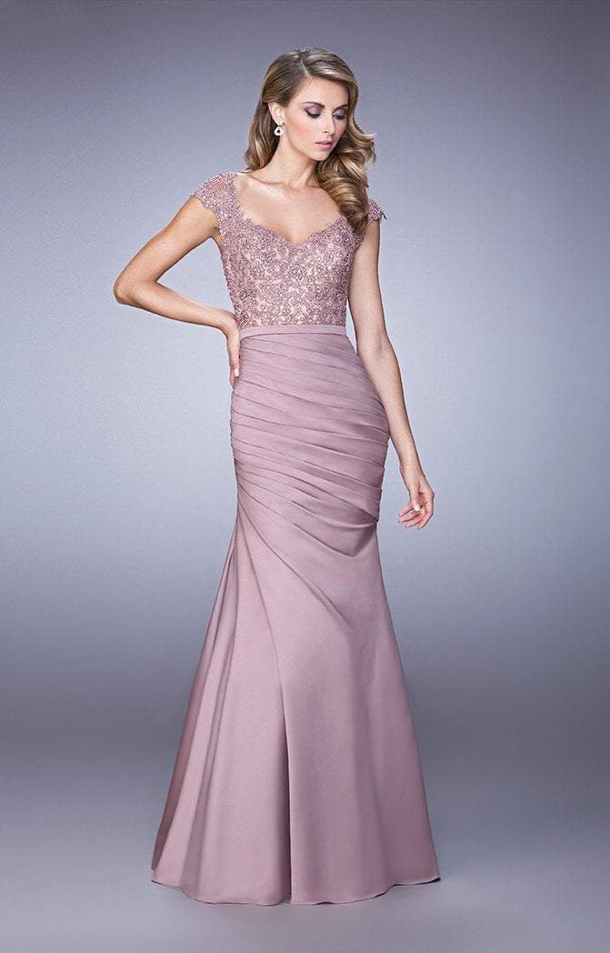 La Femme Lace V-neck Satin Mermaid Gown 21669SC - 2 pcs Mauve in Size 4 and 10 Available CCSALE 10 / Mauve