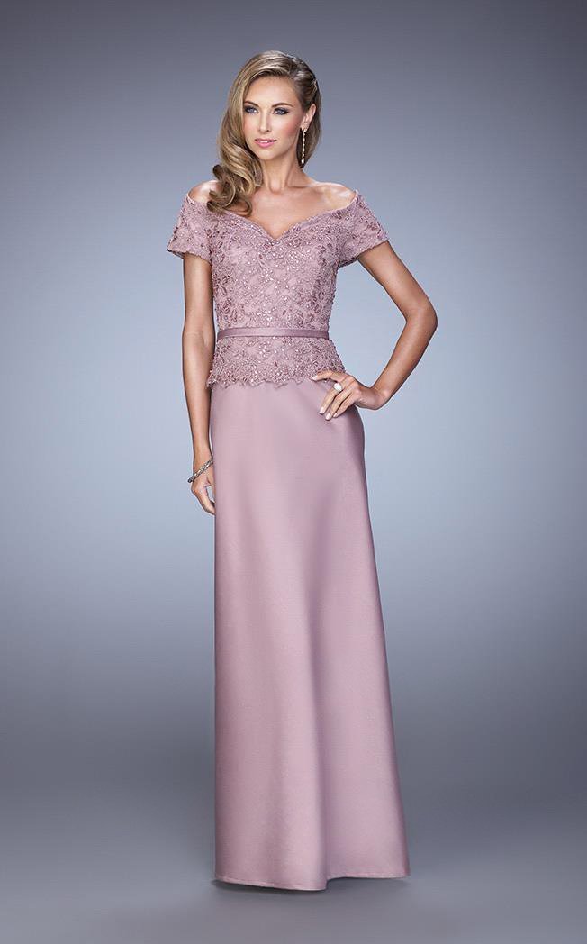 La Femme Laced Off Shoulder Column Dress 21726SC - 1 Pc Mauve in Size 10 Available CCSALE 10 / Mauve