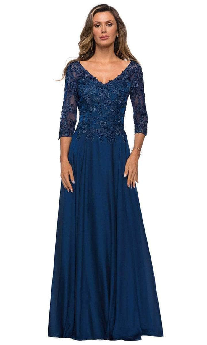 La Femme - Laced Quarter Sleeve Evening Gown 28106SC - 1 pc Navy In Size 8 Available CCSALE 8 / Navy