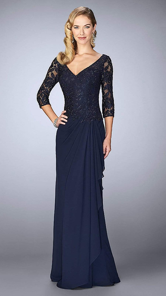 La Femme - Laced V-Neck Column Dress 24857SC - 3 pcs Navy in Sizes 4, 10 and 12 Available CCSALE 4 / Navy