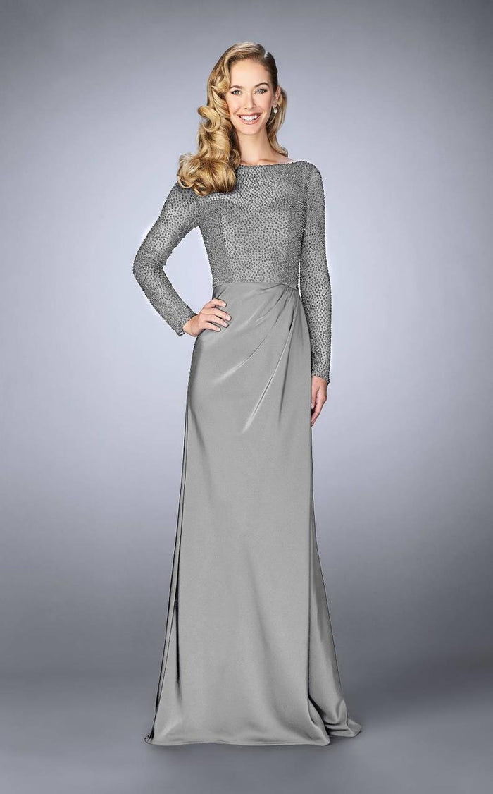 La Femme - Long Sleeve Beaded Bodice Draped Gown 24895SC CCSALE 6 / Platinum