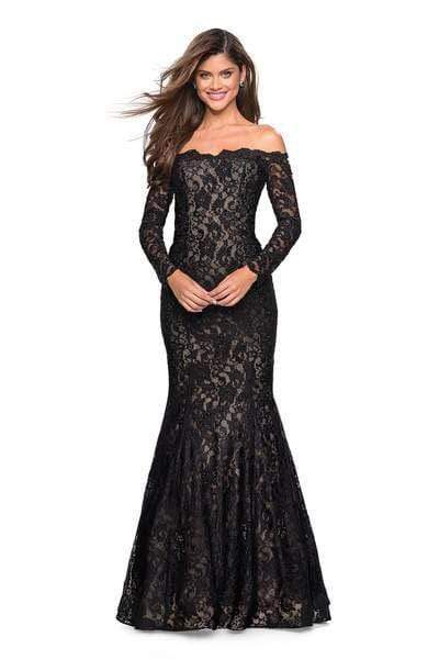 La Femme - Long Sleeve Off Shoulder Lace Trumpet Gown 26393 - 1 pc Black In Size 8 Available CCSALE 8 / Black