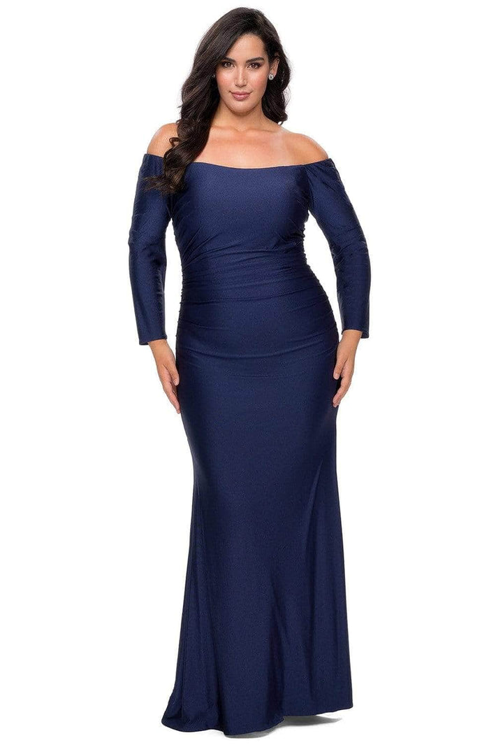 La Femme - Long Sleeve Ruched Evening Dress 28881SC - 1 pc Navy In Size 18W Available CCSALE 18W / Navy