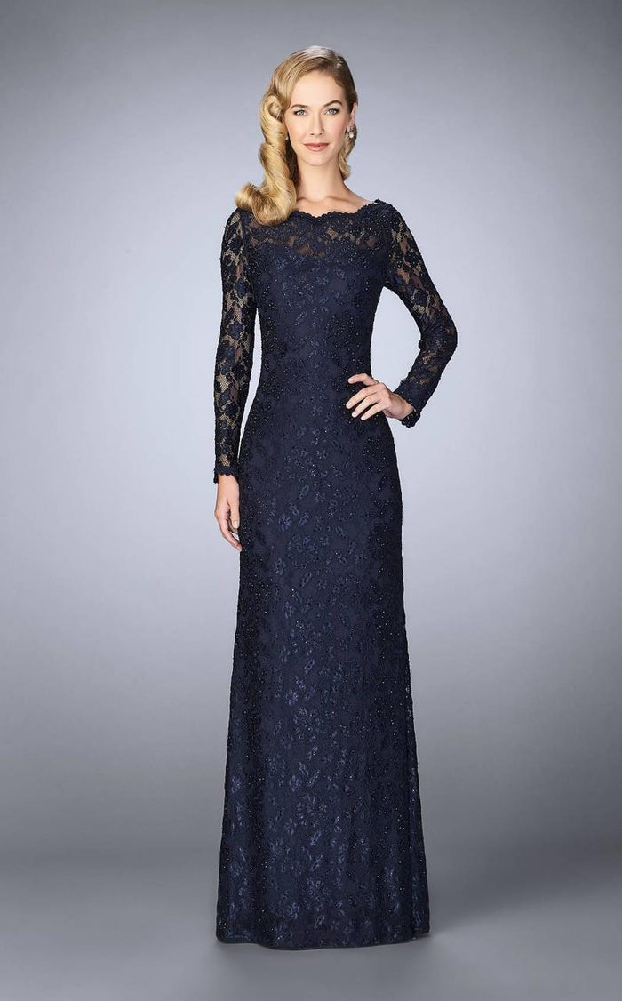 La Femme - Long-Sleeved Scalloped Lace Evening Gown 24869 CCSALE 16 / Navy