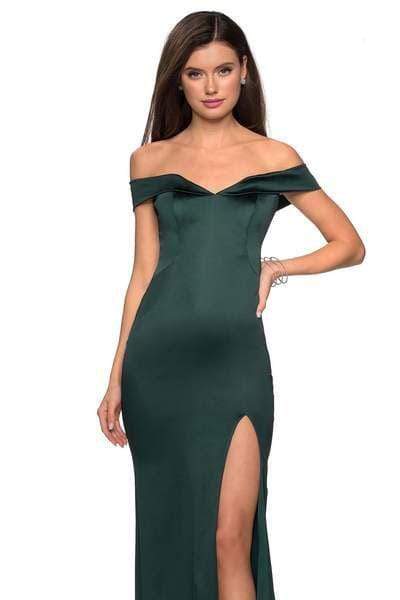 La Femme - Off Shoulder High Slit Long Fitted Satin Dress 27752 CCSALE 00 / Emerald