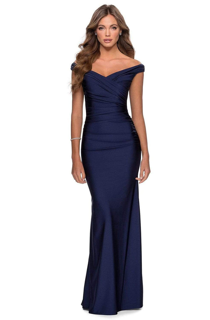 La Femme - Off Shoulder Jersey Sheath Dress 28450SC - 1 pc Navy In Size 6 Available CCSALE 6 / Navy