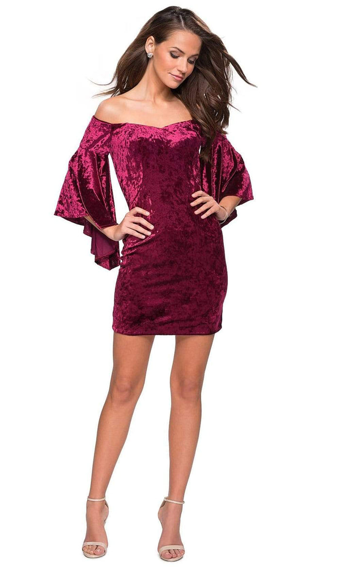 La Femme - Off Shoulder Quarter Length Bell Sleeves Velvet Dress 26640SC - 1 pc Wine In Size 10 Available CCSALE 10 / Wine