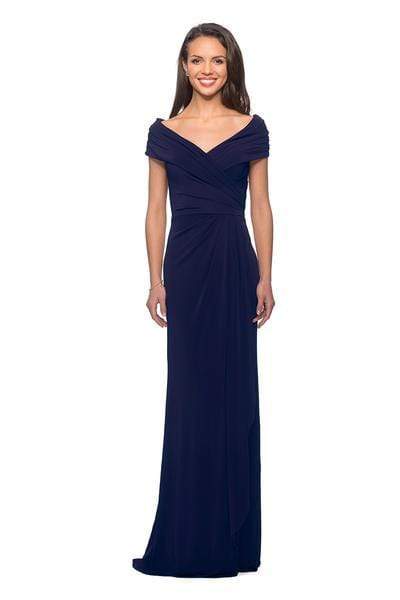 La Femme - Off Shoulder Wrap Bodice Long Sheath Jersey Dress 26519SC CCSALE 6 / Navy