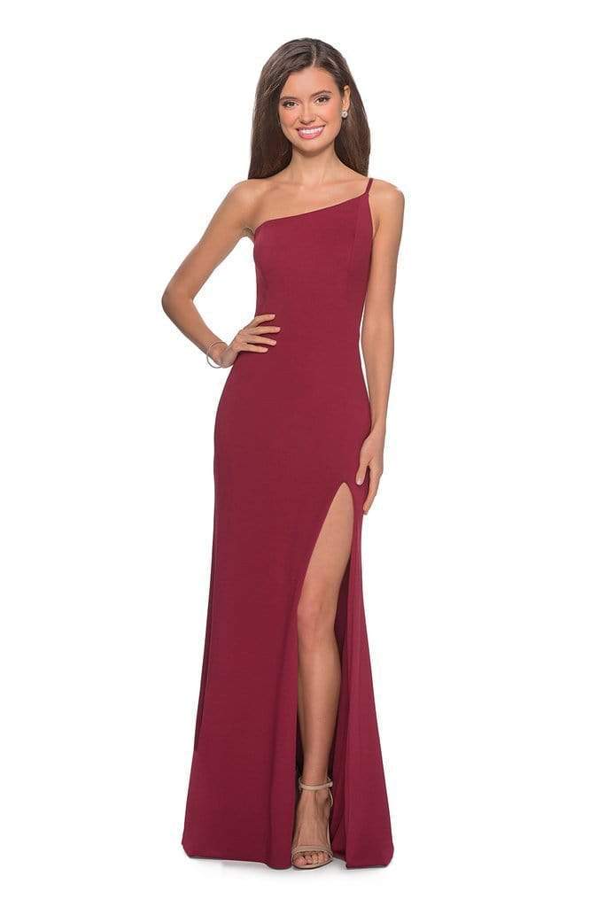 La Femme - One Shoulder High Slit Sheath Dress 28176SC CCSALE 0 / Burgundy