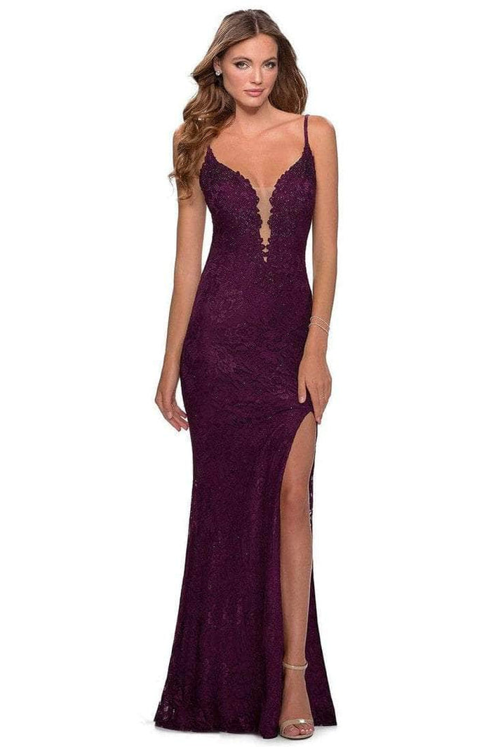 La Femme - Plunging V-Neck Lace Evening Dress 28556SC - 1 pc Dark Berry In Size 4 Available CCSALE 4 / Dark Berry