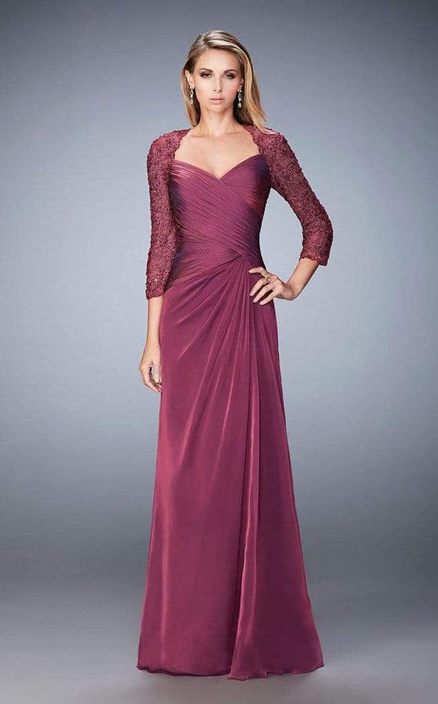 La Femme - Quarter Length Sleeves Laced V-Neck Dress 21805SC - 1 pc Boysenberry in Size 4 and 1 pc Blue Pearl in Size 4 Available CCSALE 6 / Boysenberry