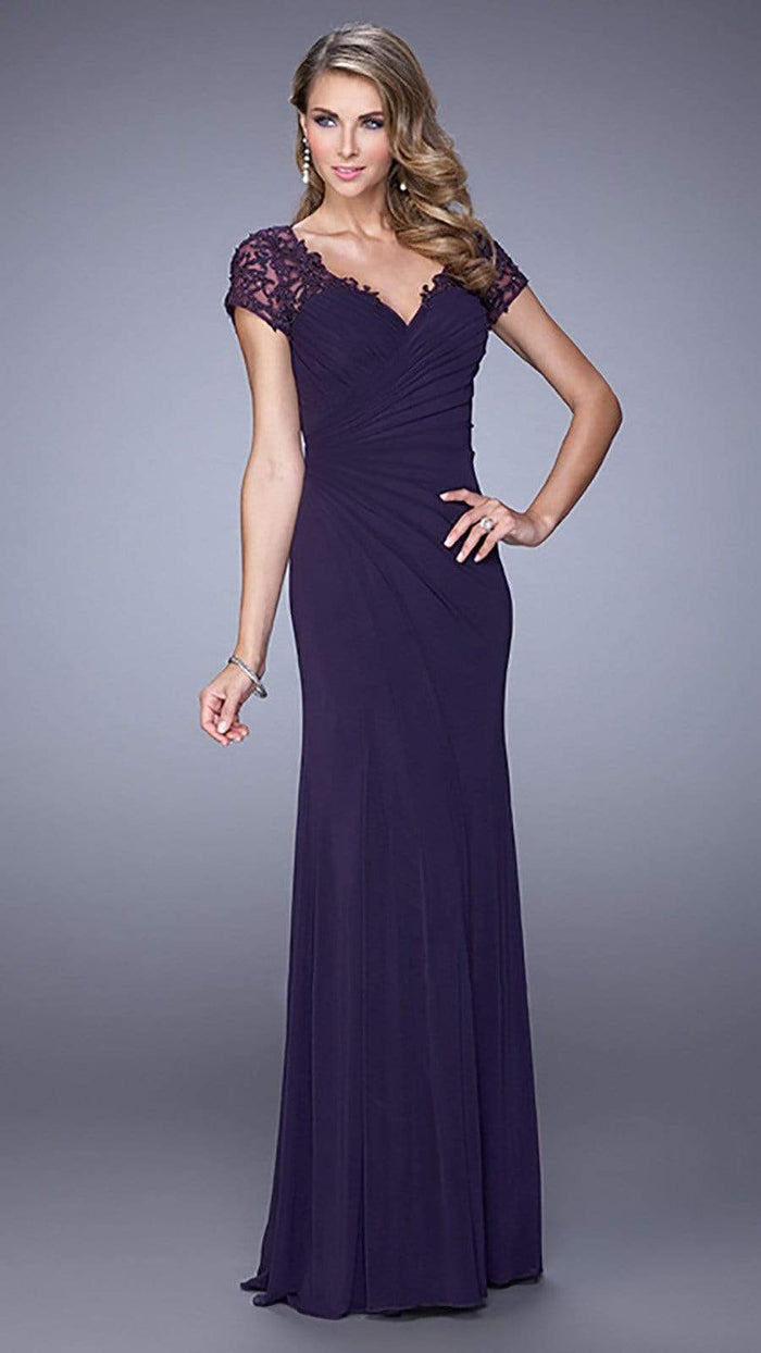 La Femme Ruched Cap Sleeves V-Neck Gown 21690SC - 1 Pc Forest Green in Size 4 and 1 Pc Plum in Size 6 Available CCSALE 8 / Plum