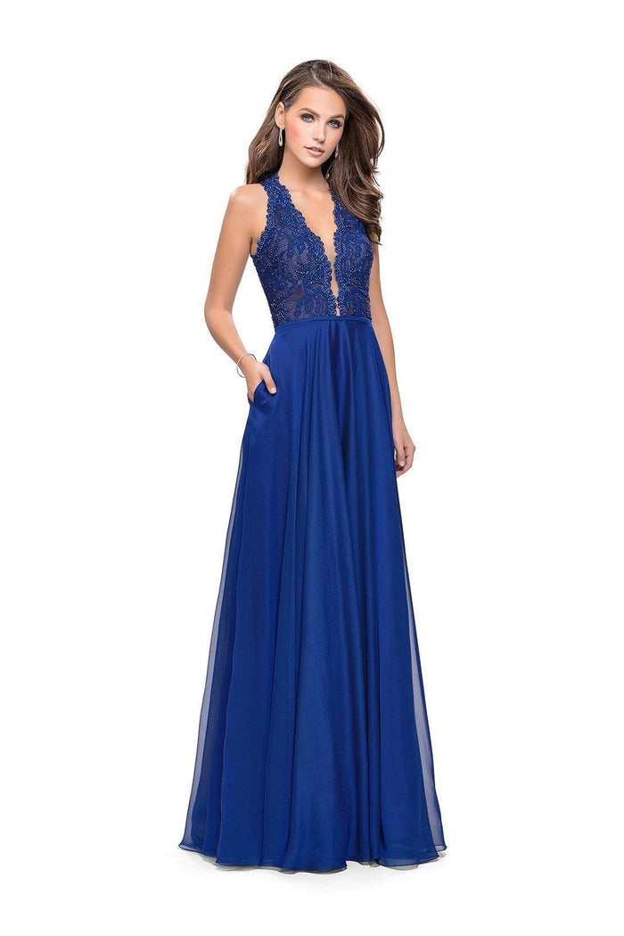 La Femme - Scalloped Plunging Lace Chiffon Dress 25487SC - 1 pc Marine Blue In Size 0 Available CCSALE 0 / Marine Blue