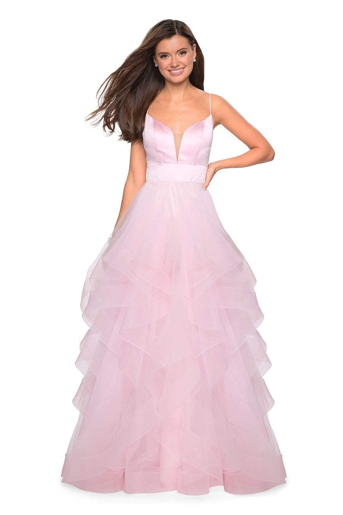 La Femme - Sleeveless Plunging Illusion Neckline Ruffles Ballgown 27024 CCSALE 0 / Light Pink