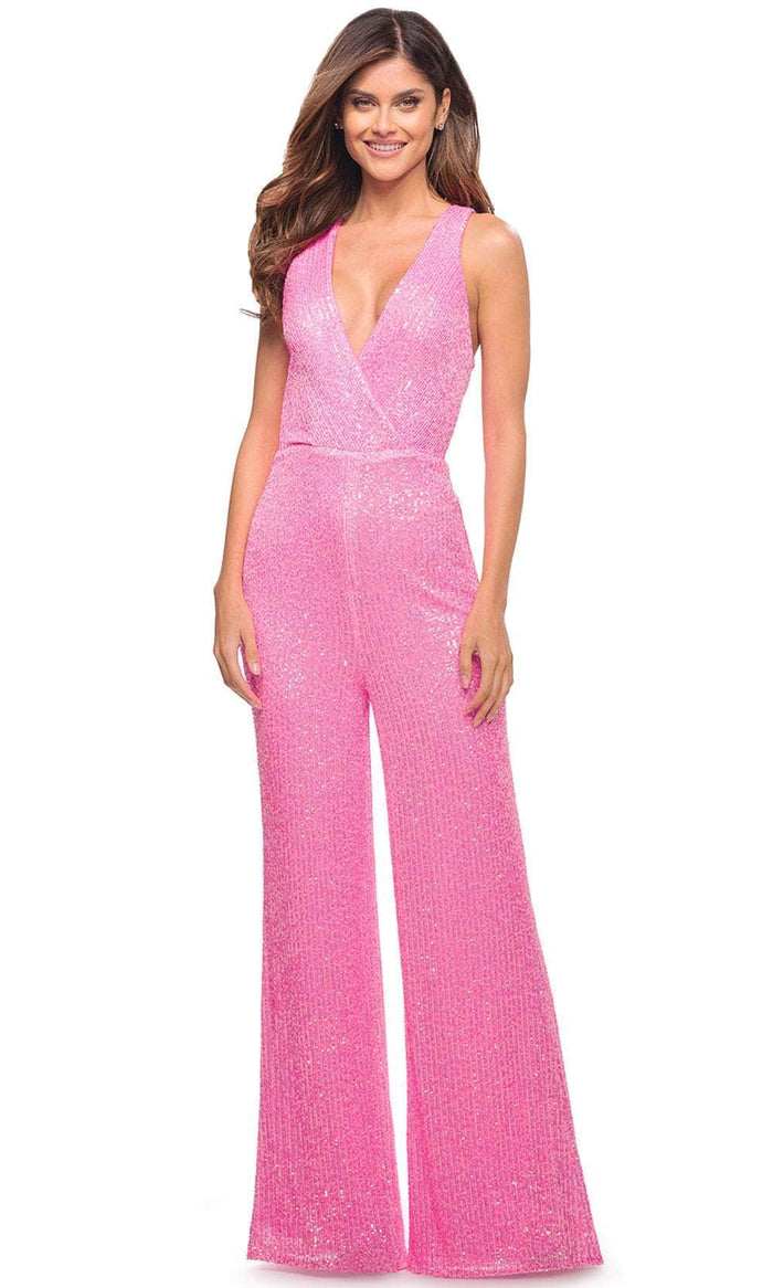 La Femme - Sleeveless Sequin Jumpsuit 30811SC - 1 pc Neon Pink In Size 6 Available CCSALE 6 / Neon Pink