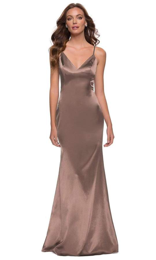 La Femme - Sleeveless V-Neck Fitted Satin Long Dress 29960SC - 1 pc Nude In Size 4 Available CCSALE 4 / Nude