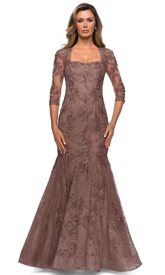 La Femme - Square Neck Lace Embroidered Mermaid Gown 28033SC CCSALE 12 / Cocoa