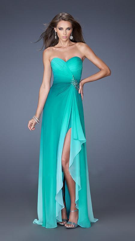 La Femme Strapless Ruched Surplice High Slit Gown CCSALE 10 / Sapphire Blue