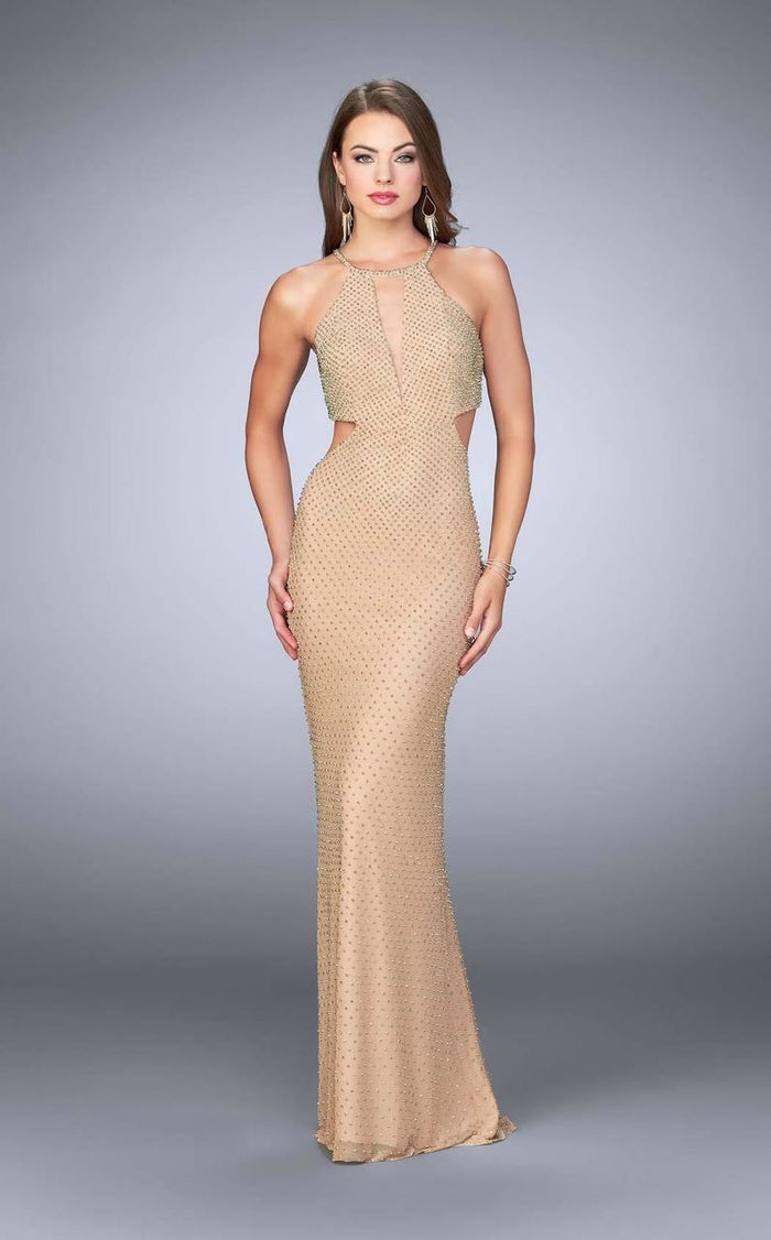 La Femme - Strappy Halter Style Beaded Prom Dress 23941 CCSALE 6 / Nude