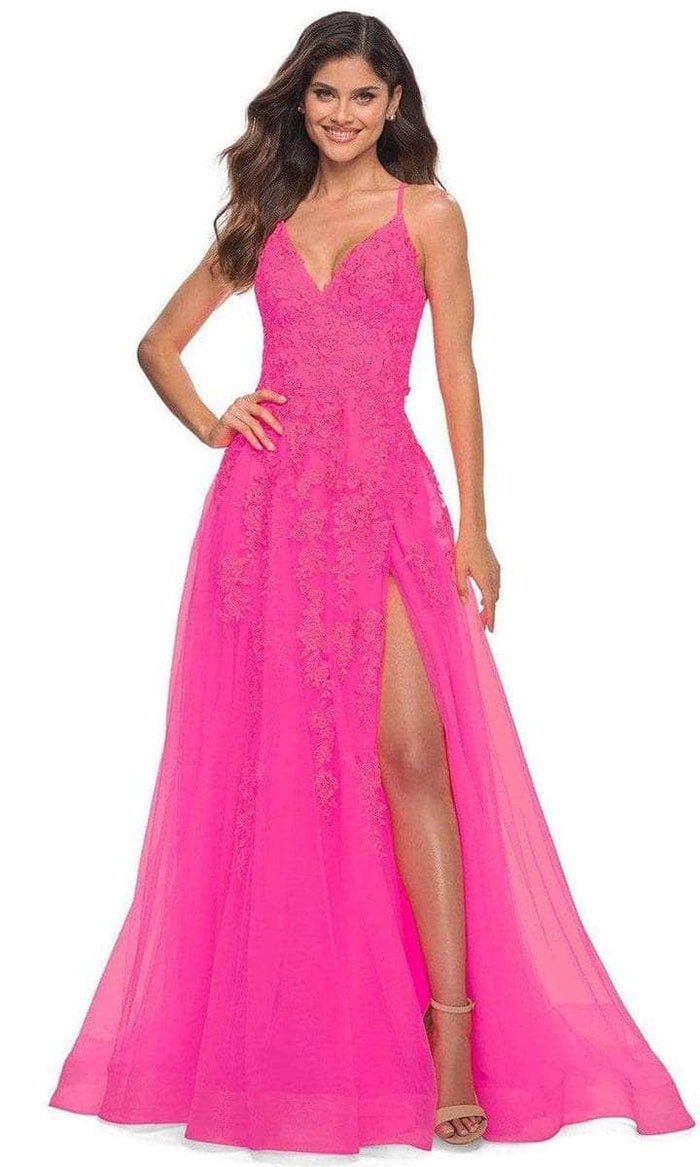 La Femme - V-Neck Floral Prom Dress 30303SC - 1 pc Neon Pink in Size 10 Available CCSALE 10 / Neon Pink