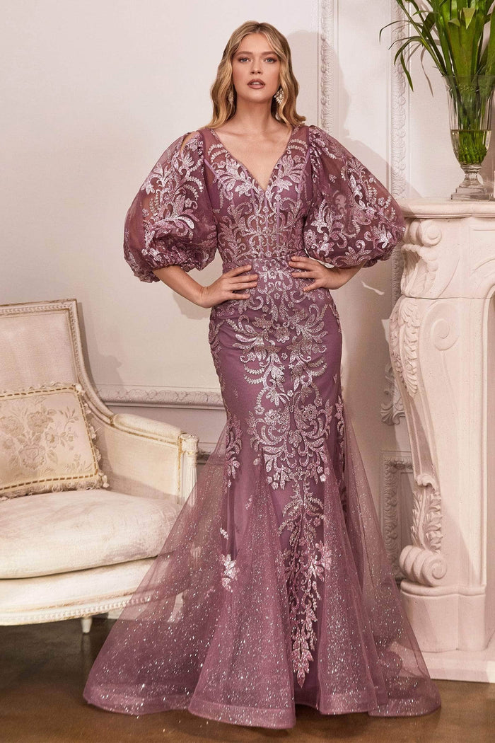 Ladivine - Bishop Sleeve Ornate Evening Dress OC009 Prom Dresses 2 / Violet