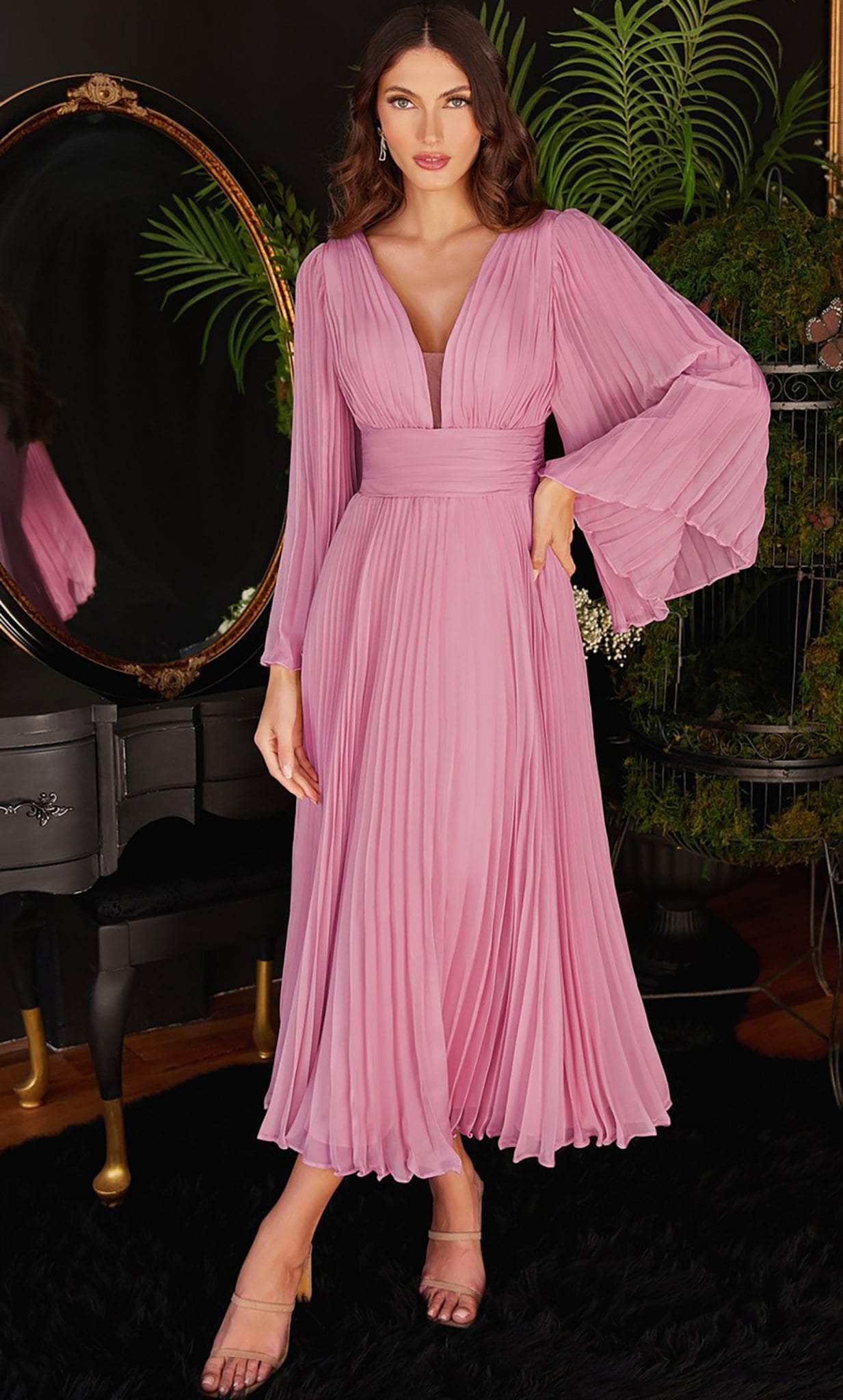 in Stock Ladivine CD242 Size 14 Rose Gold Long Pleated Chiffon A Line Bell Sleeve V Neck Formal Dress Bridesmaid Gown