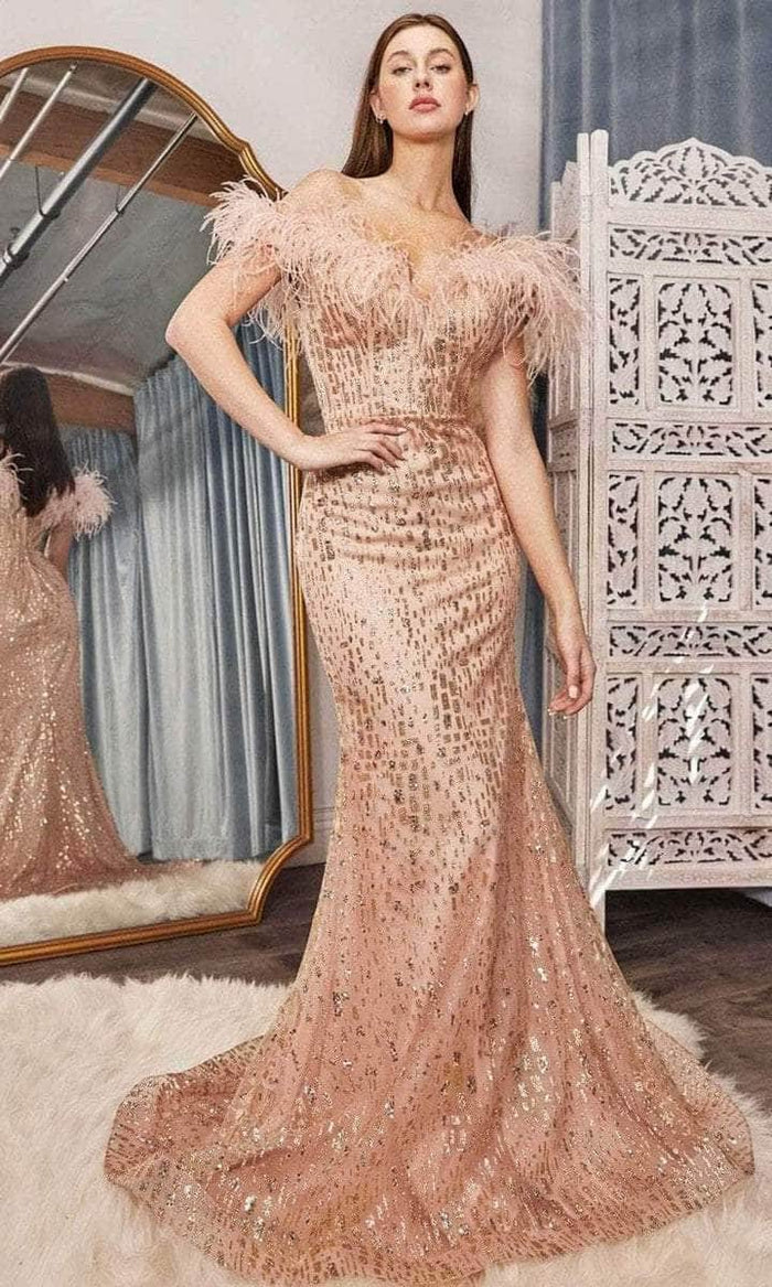 Ladivine - Feathered Off Shoulder Evening Dress CB082 - 1 pc Rose Gold In Size 10 Available CCSALE 10 / Rose Gold