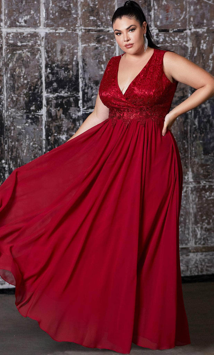 Ladivine S7201 - Lace Appliqued V-Neck Evening Gown Special Occasion Dress 16 / Deep Red