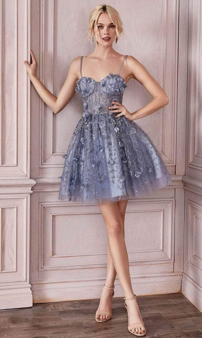 Ladivine - Sweethart Floral Appliqued Cocktail Dress 9243 - 1 pc Smoky Blue In Size XL Available CCSALE XL / Smoky Blue