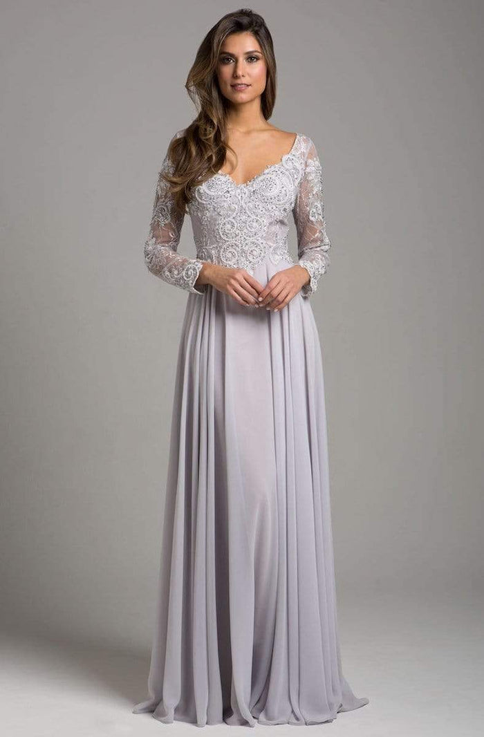 Lara - Illusion Long Sleeve Lace Appliqued A-Line Gown 29929 - 1 pc Silver In Size 8 Available CCSALE 8 / Silver