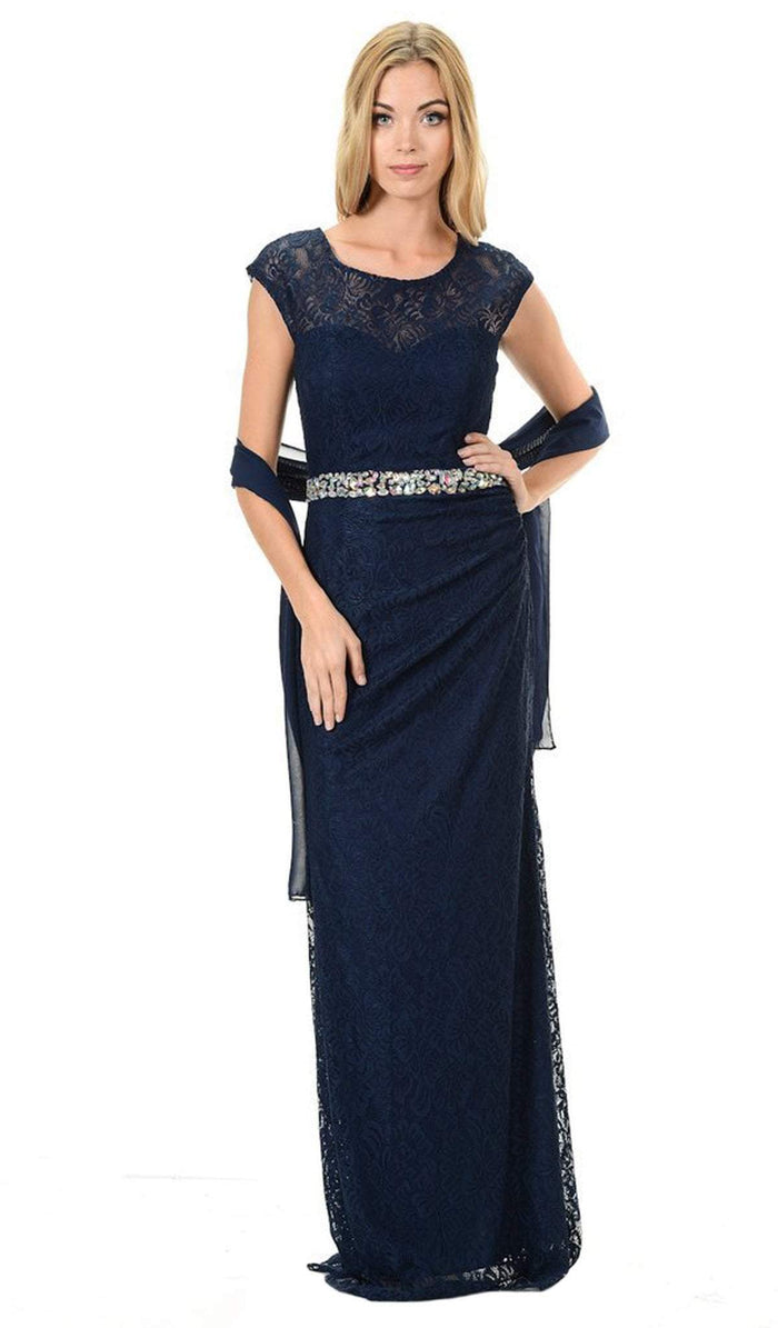 Lenovia - 5157 Cap Sleeve Draped Lace Long Sheath Dress Bridesmaid Dresses S / Navy