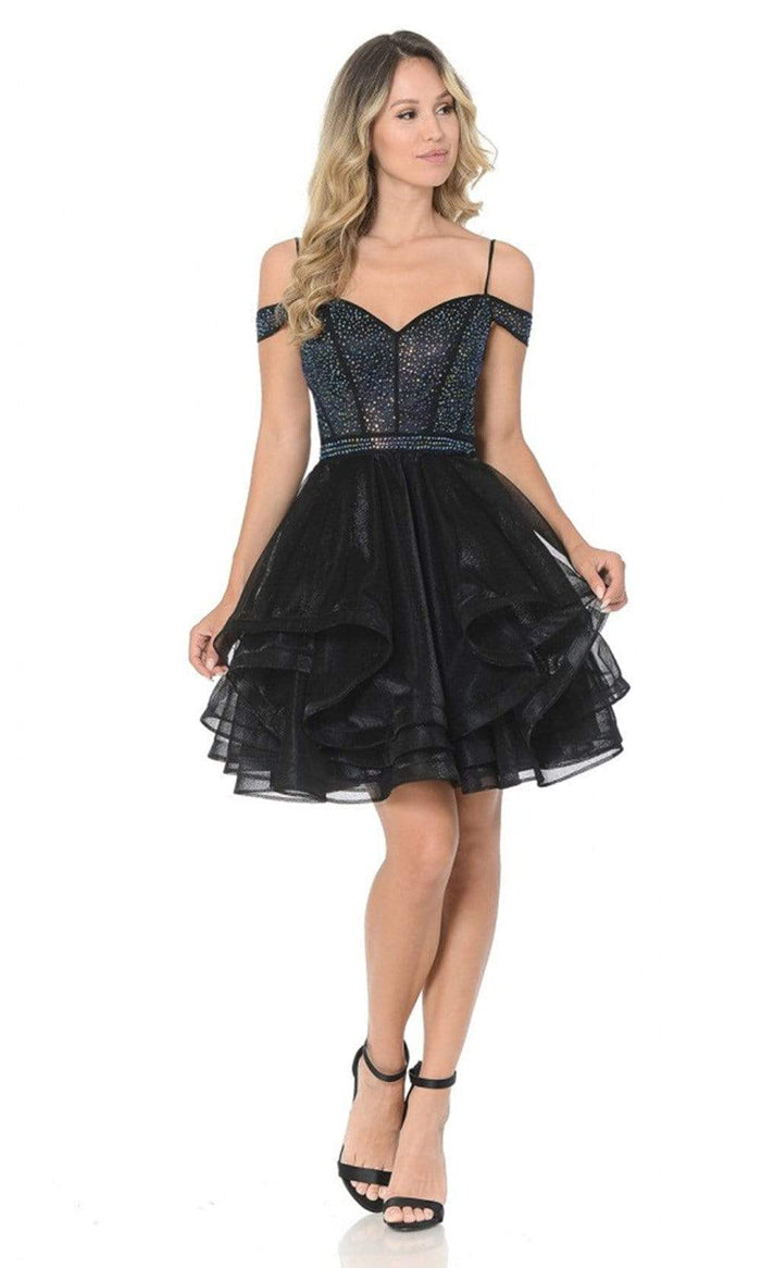 Lenovia - 8140 Embellished Off Shoulder A-line Cocktail Dress Cocktail Dresses XS / Black