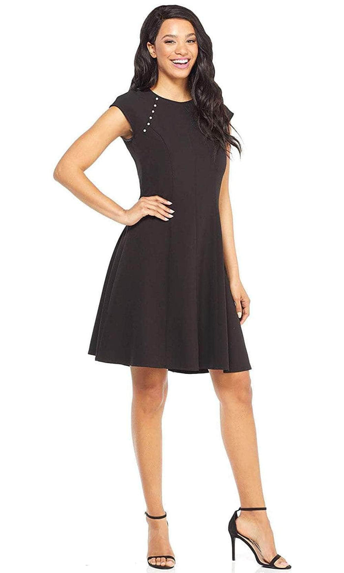 London Times T3517M - Short Sleeved Beaded Shoulder Cocktail Dress Holiday Dresses 4 / Black