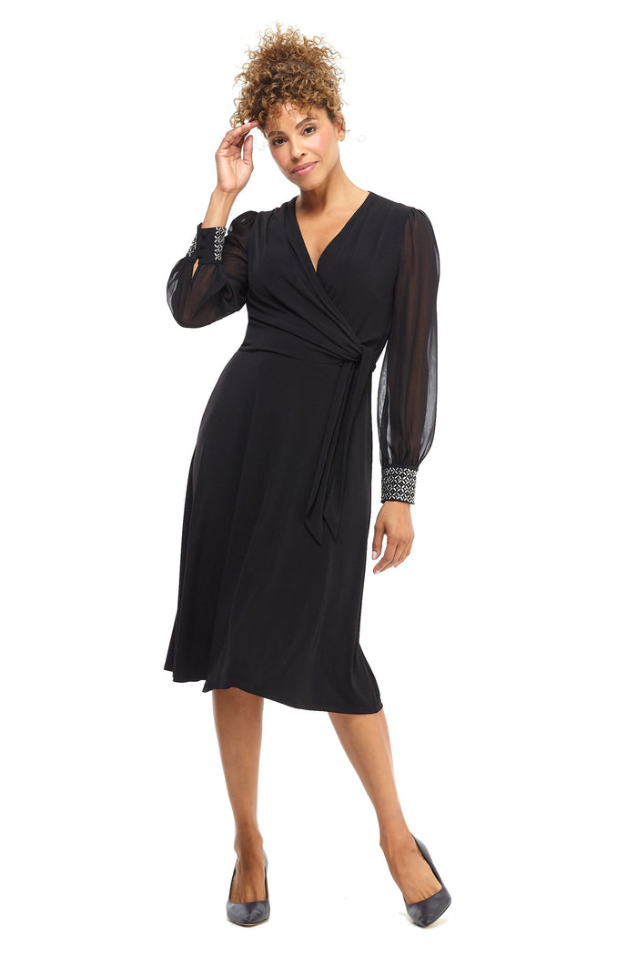 London Times - T4547M V-Neck Long Sleeves A-Line Dress Wedding Guest 0 / Black