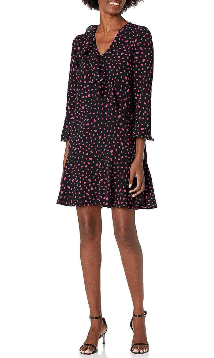 London Times T5546M - Ruffle Trimmed Dot Print Shift Dress Special Occasion Dress 4 / Black Petuna