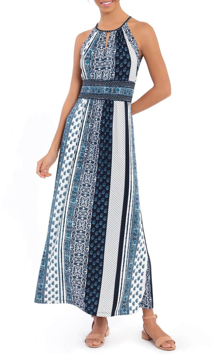 London Times T6345M - Keyhole Front Print Maxi Dress Evening Dresses 10 / White Blue