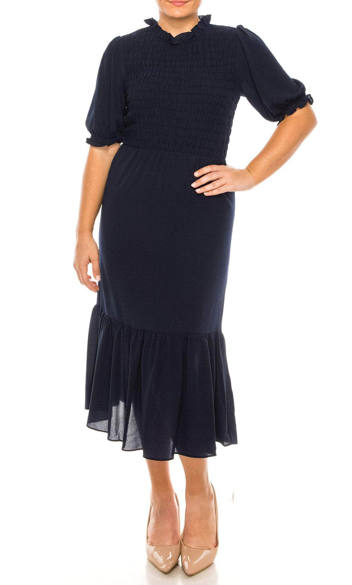 London Times T6435M - Ruffled Neck Mermaid Midi Dress Special Occasion Dress 0 / Navy