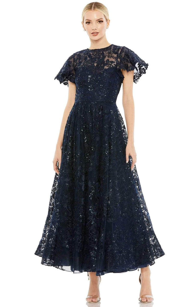 Mac Duggal 50665 - Floral Lace Midi Dress Cocktail Dresses 0 / Navy