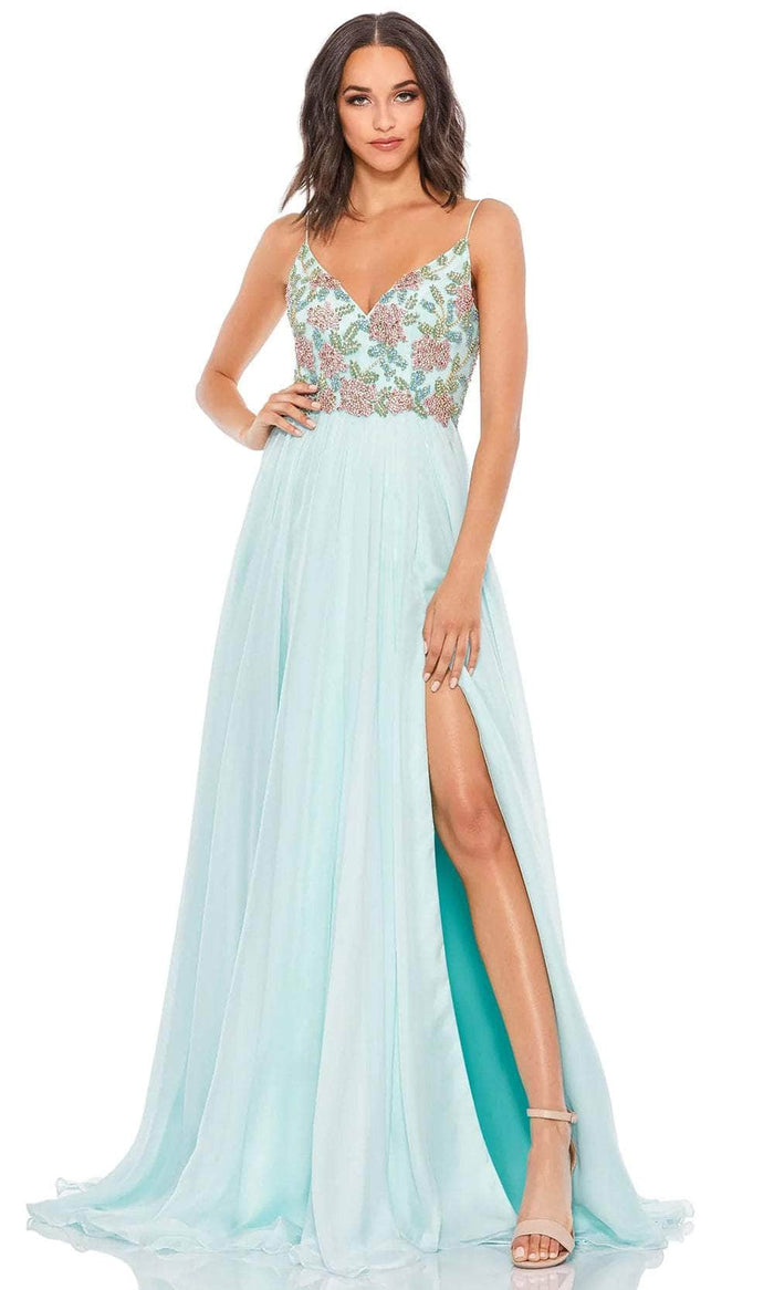 Mac Duggal 67790 - Floral V-Neck A-Line Evening Gown Evening Dresses 0 / Aqua