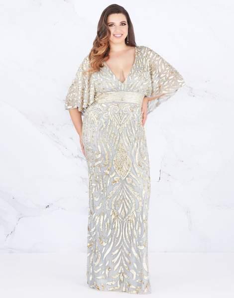 Mac Duggal - Embellished Plunging V-neck Sheath Dress 4858F CCSALE 16W / Platinum/Gold