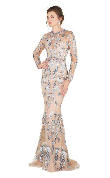 Mac Duggal - Floral Embroidered Long Sleeve Dress 79222D - 1 pc Nude/Multi In Size 8 Available CCSALE 8 / Nude/Multi