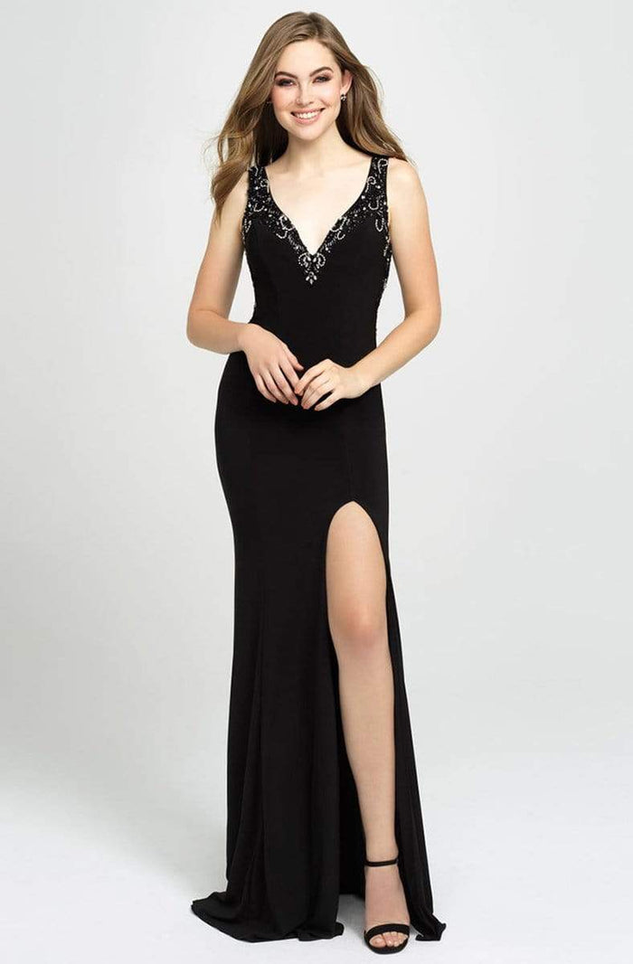 Madison James - 19-150 Beaded Plunging V-Neck High Slit Gown Special Occasion Dress 0 / Black