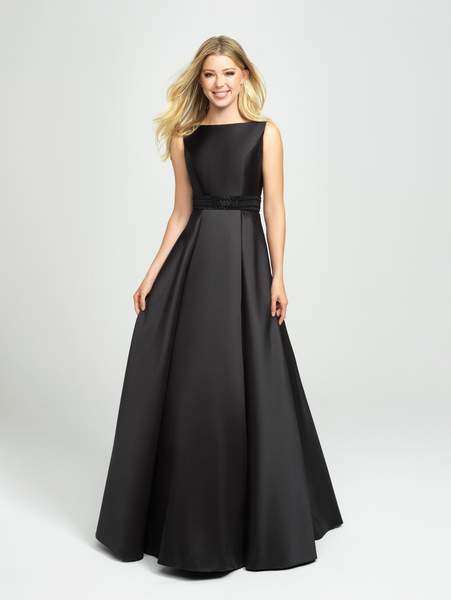 Madison James - Embellished Bateau Mikado Pleated A-line Dress 19-145 - 1 pc Black In Size 6 Available CCSALE 6 / Black